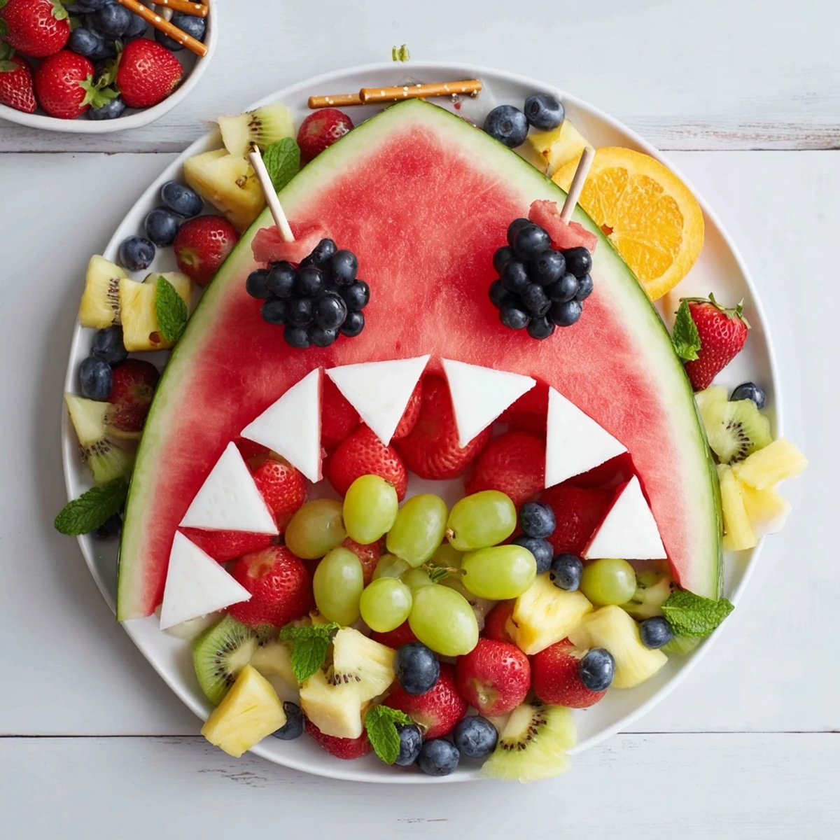 A colorful summer Watermelon Wave Shark Snack Board, featuring a carved melon shark and fresh, sweet fruits.