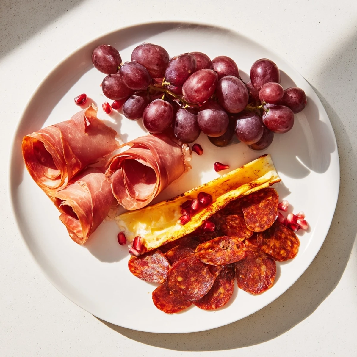 Elegant Crimson Crest charcuterie board brimming with red meats, cheeses, and ruby-red garnishes.