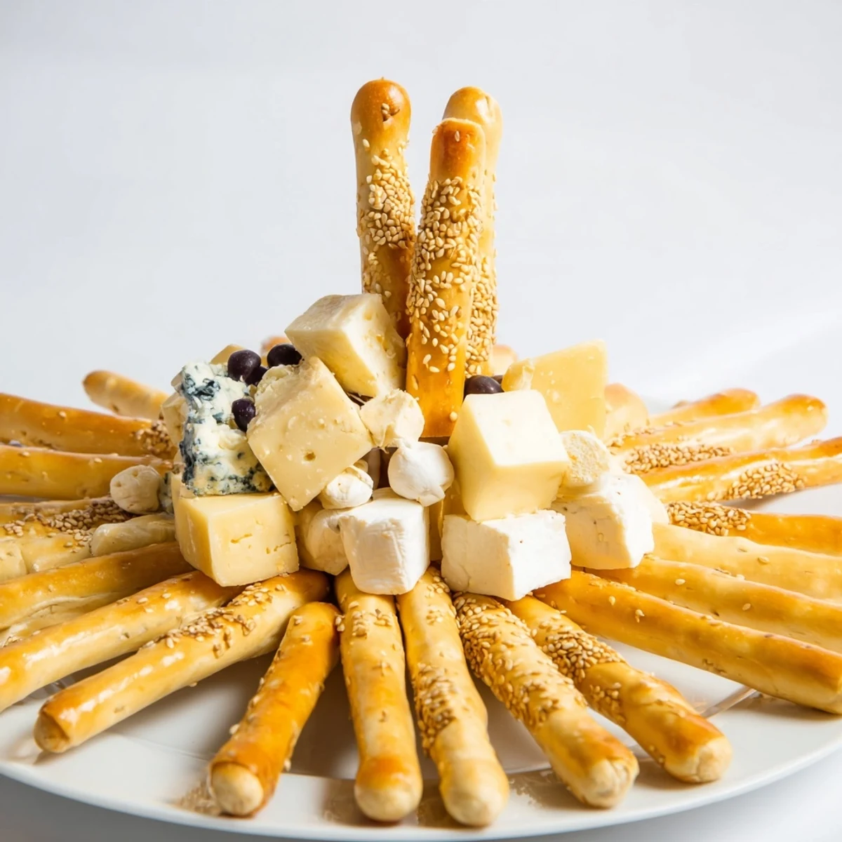 Golden, crisp breadsticks forming The Gilded Cage, filled with colorful cheese cubes for a stunning appetizer.