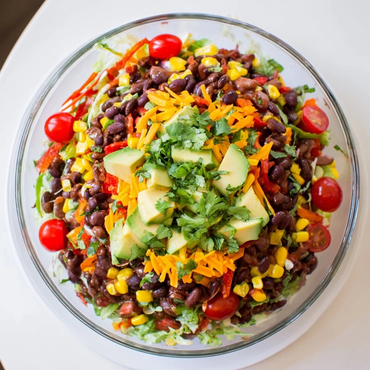 Vibrant Southwest Sunset Palette salad: layered colors of peppers, beans, and cheese, ready to be enjoyed.