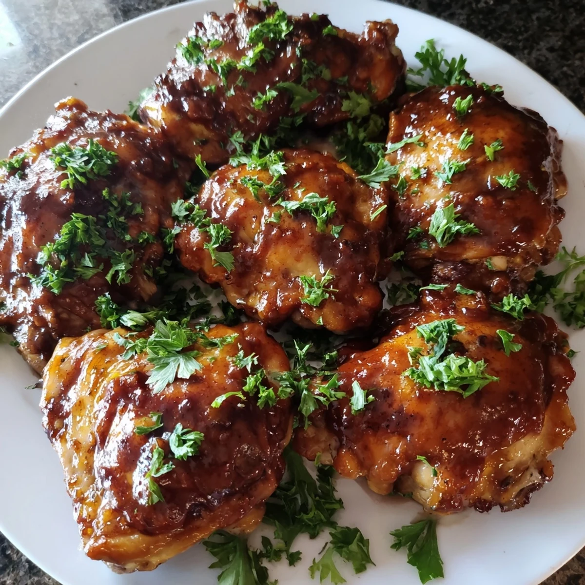 Juicy Jam in Coffee Glazed Chicken, gleaming brown, ready to be served with roasted potatoes.