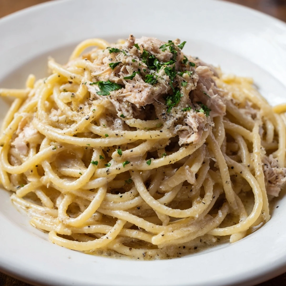 Tender shredded chicken tops a plate of Simple Garlic Butter Bucatini, delicious Italian flavors.
