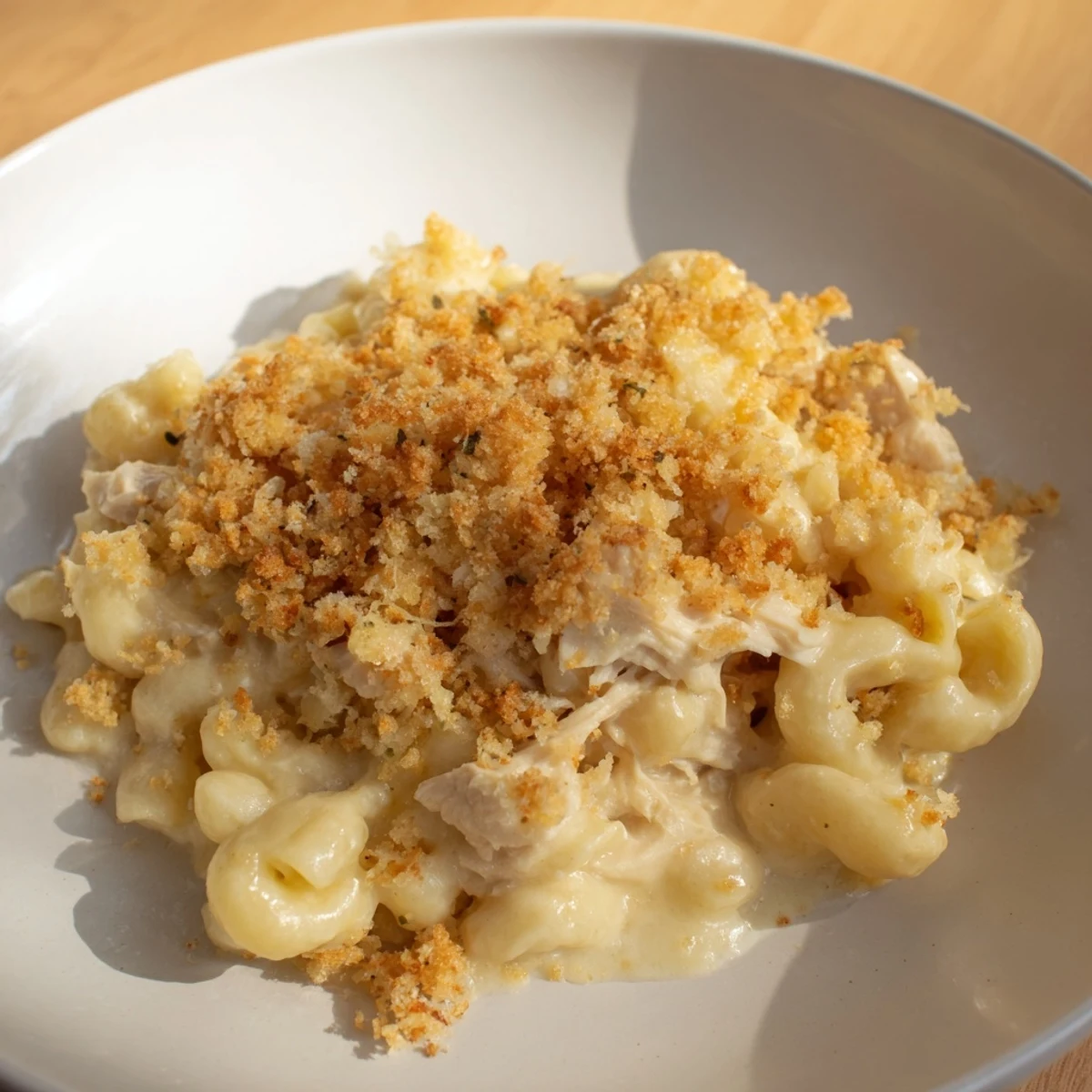 A close-up of a steaming bowl of Struggle Meal Chicken Macaroni, showcasing tender pasta and chicken.