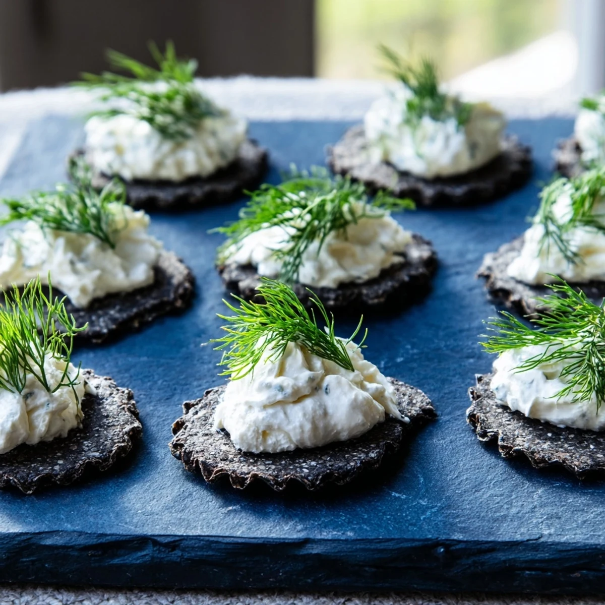 A beautiful close-up reveals The Stormy Sea appetizer, featuring creamy goat cheese and dark crackers.
