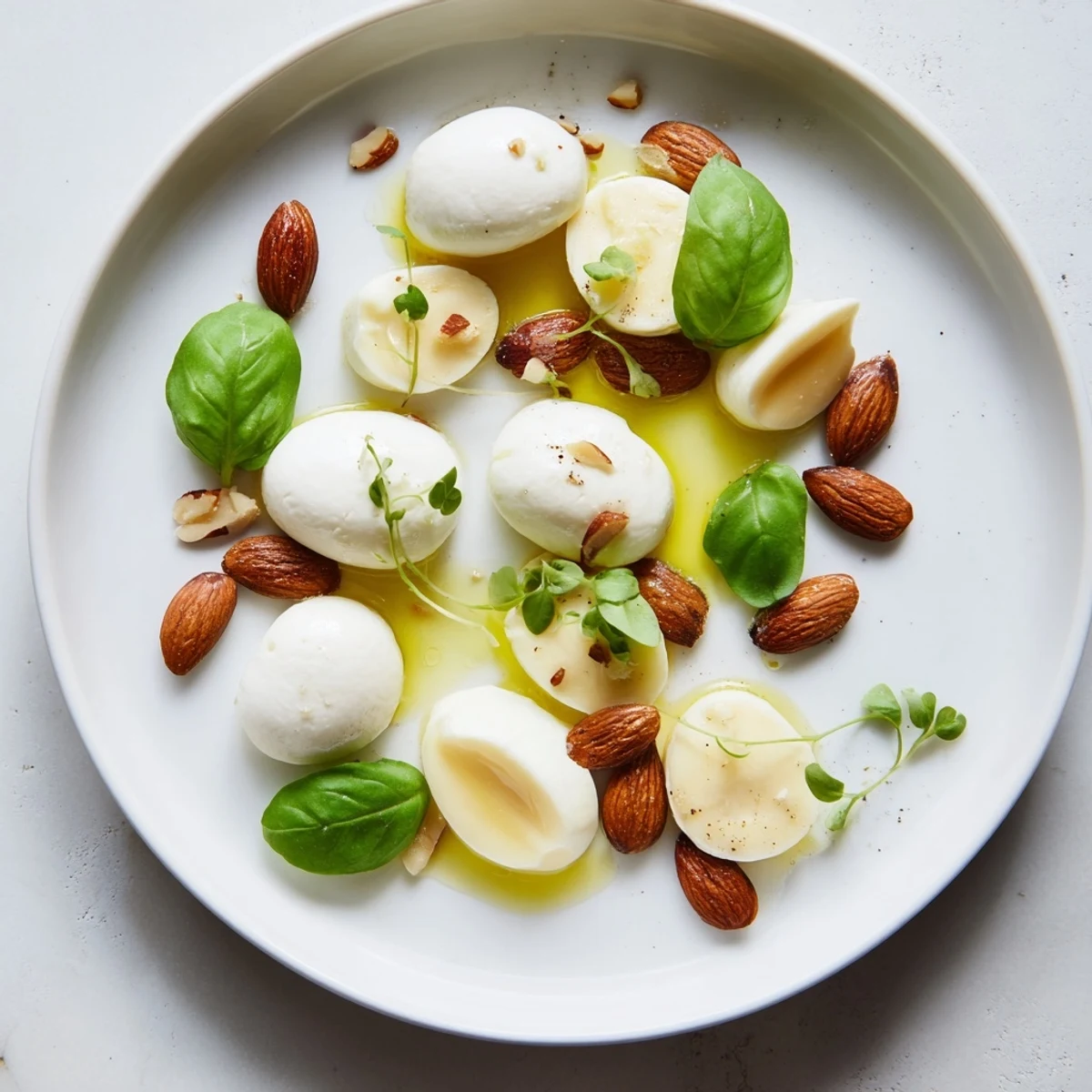 A beautiful spread of The Polished Pebble, featuring oval cheeses and roasted almonds, drizzled in olive oil.