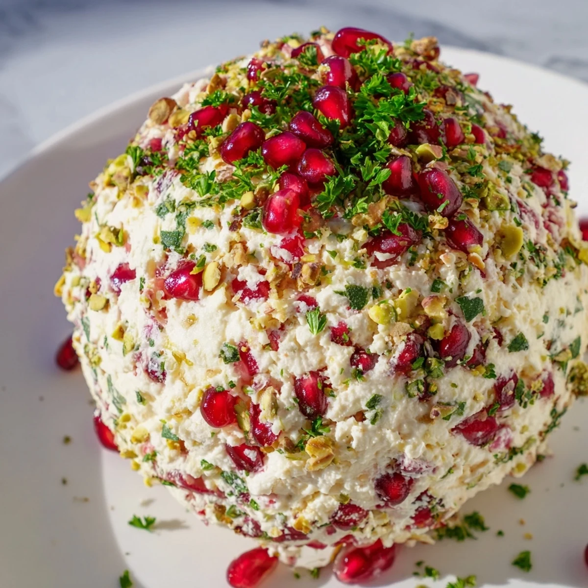 The Royal Orb cheese ball with jewel-toned pomegranate and pistachio, ready for your party.