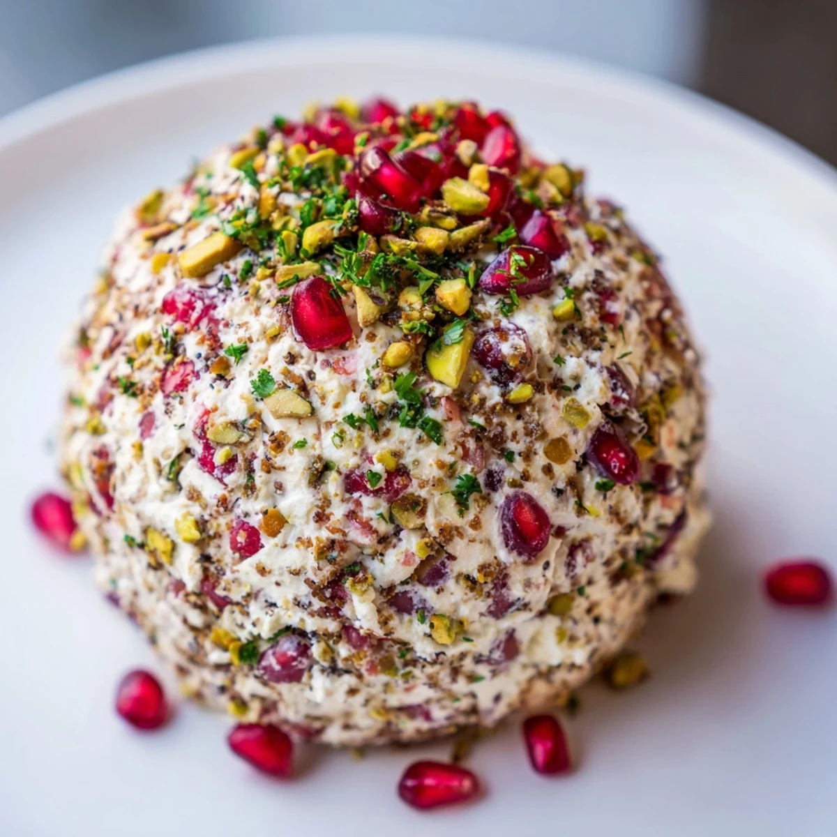 This elegant Royal Orb appetizer features a creamy cheese ball sparkling with vibrant pomegranate seeds.