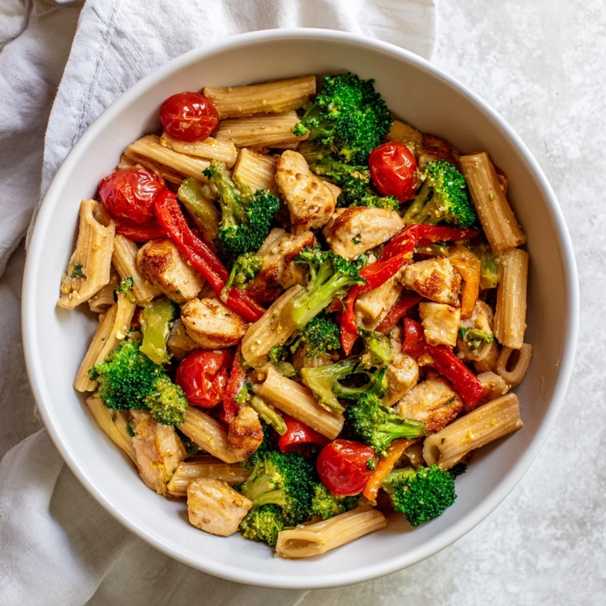 Pasta Primavera with chicken; a colorful image of the pasta ready to serve.