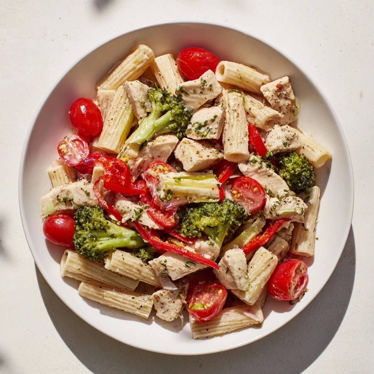Freshly plated 5-4-3-2-1 Pasta Primavera, a delicious Italian-American dish full of vegetables.