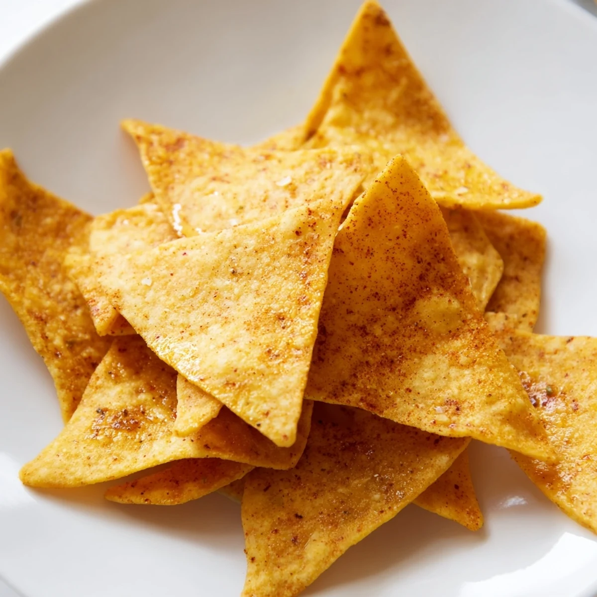 Golden and crispy homemade air-fryer tortilla chips, perfect for dipping into fresh salsa or guacamole.