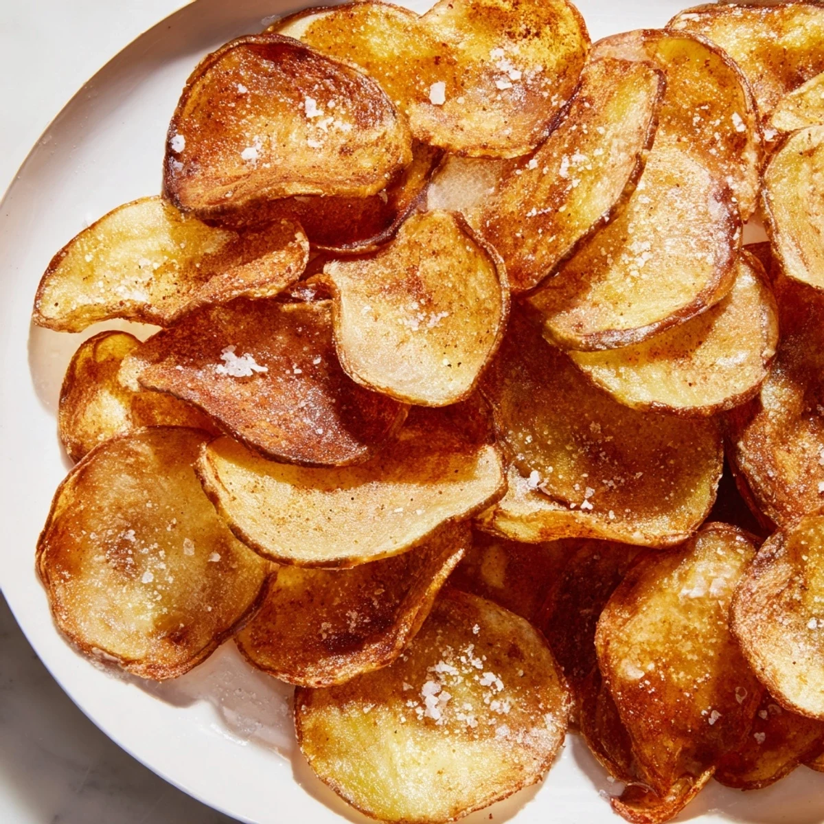 Golden, crispy air-fryer potato chips, perfectly seasoned and ready for a satisfying snack.