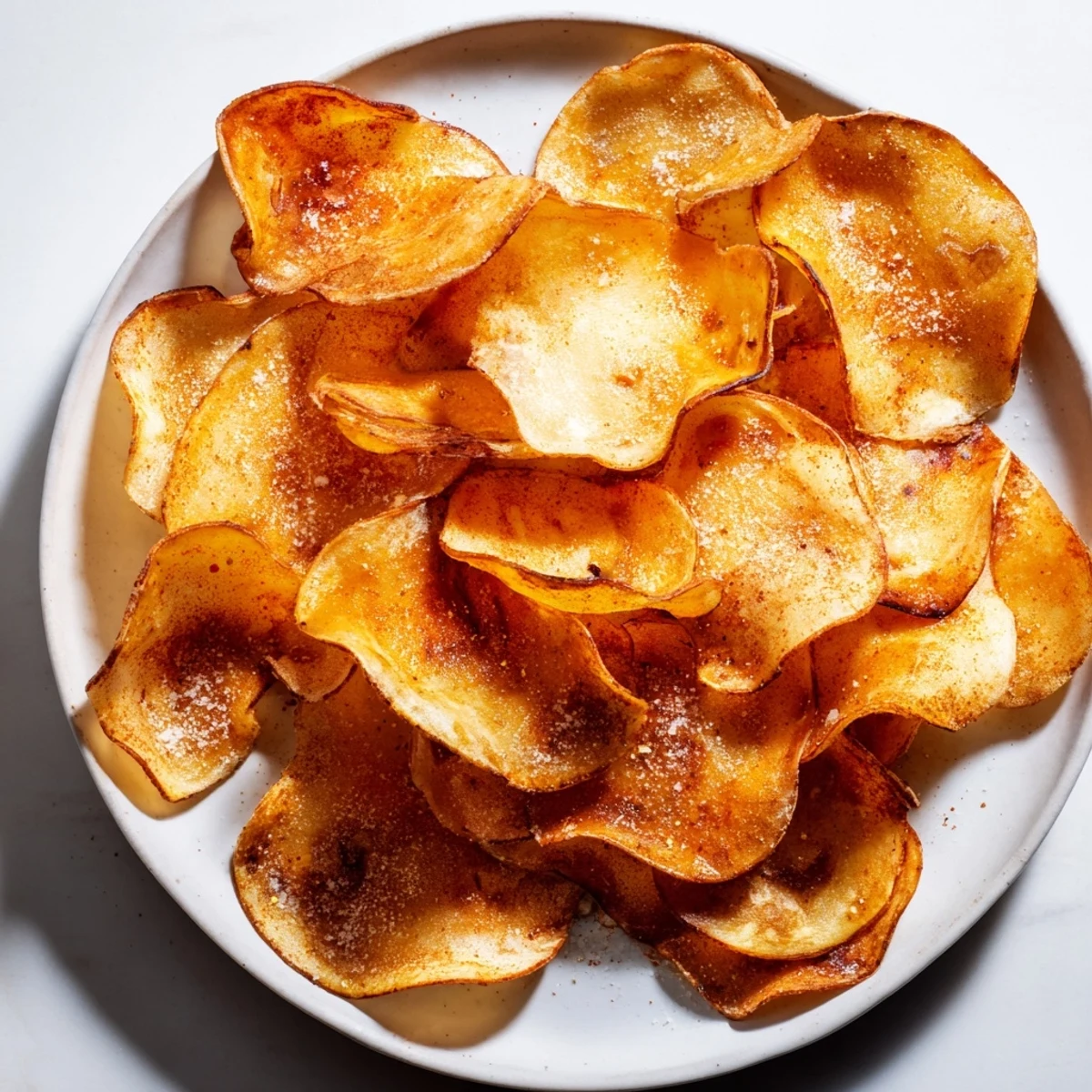 Air fryer potato chips with a sprinkling of seasoning, offering a light and crispy alternative snack.