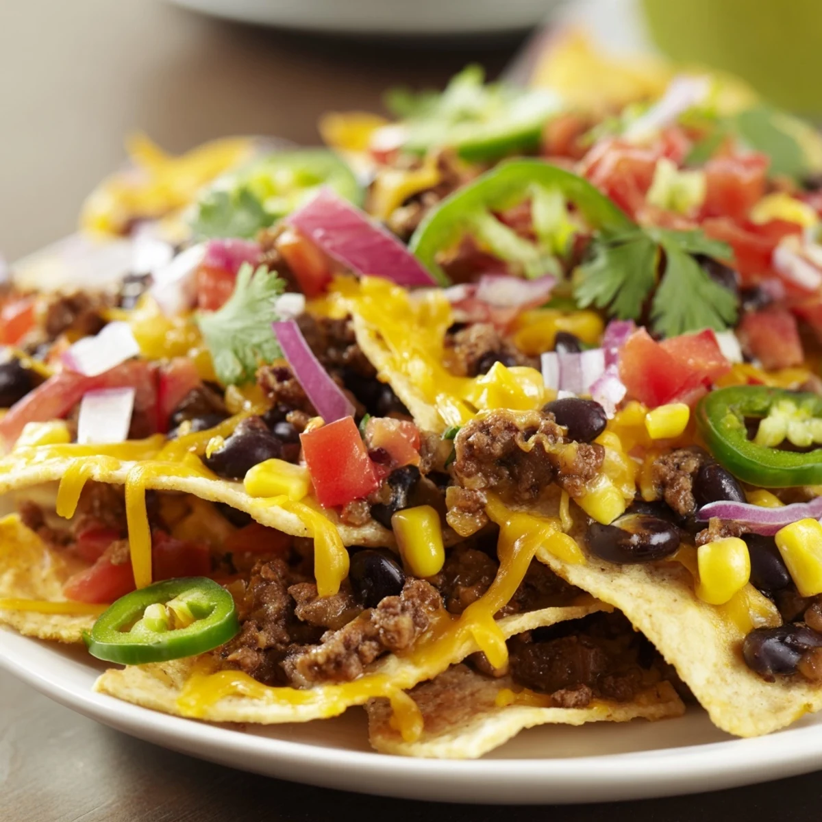 Flavorful Easy Sheet-Pan Nachos, brimming with melted cheddar, Monterey Jack, and a hearty portion of Tex-Mex flavors.