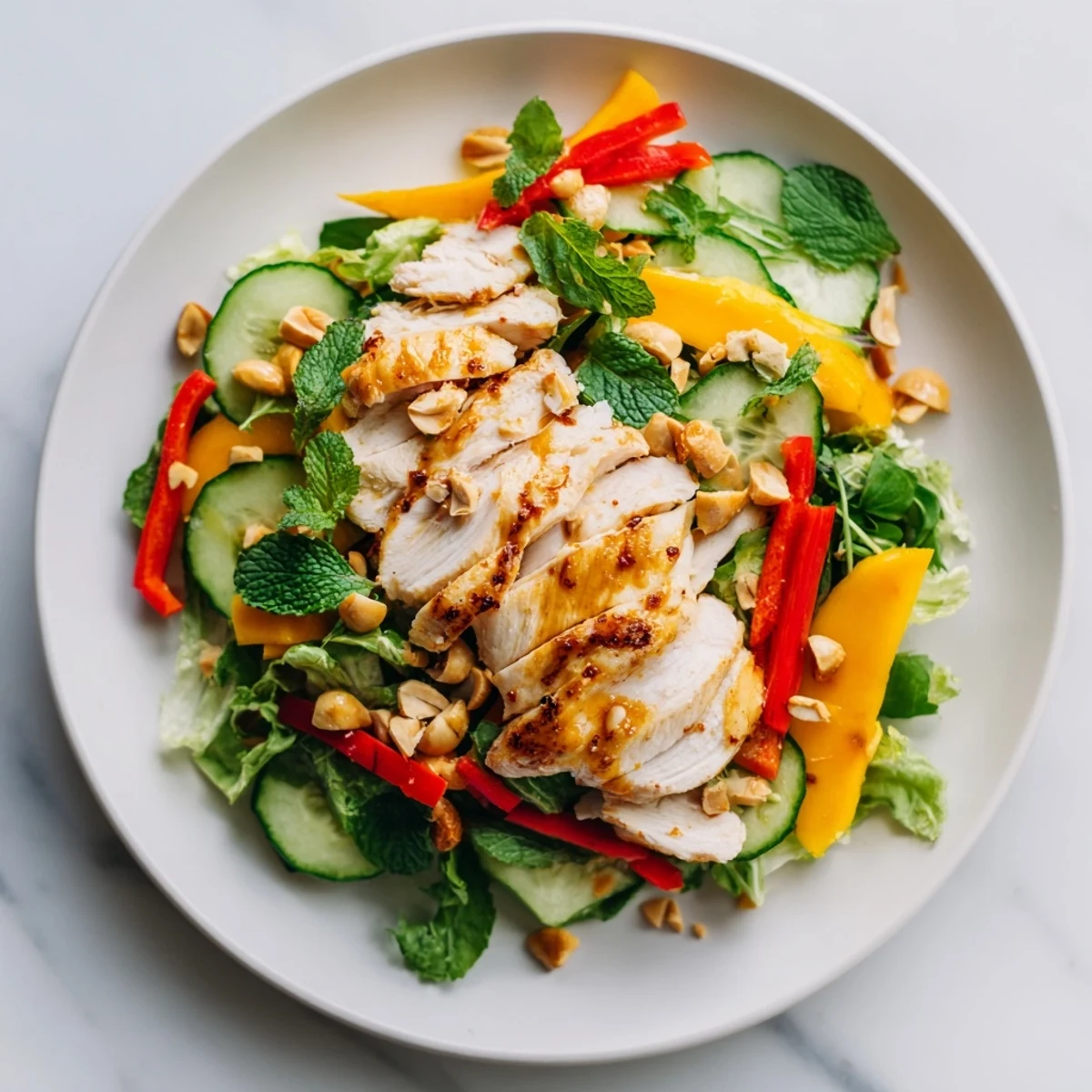 Vibrant Thai Mango Chicken Salad with juicy mango and tender chicken, ready to enjoy.