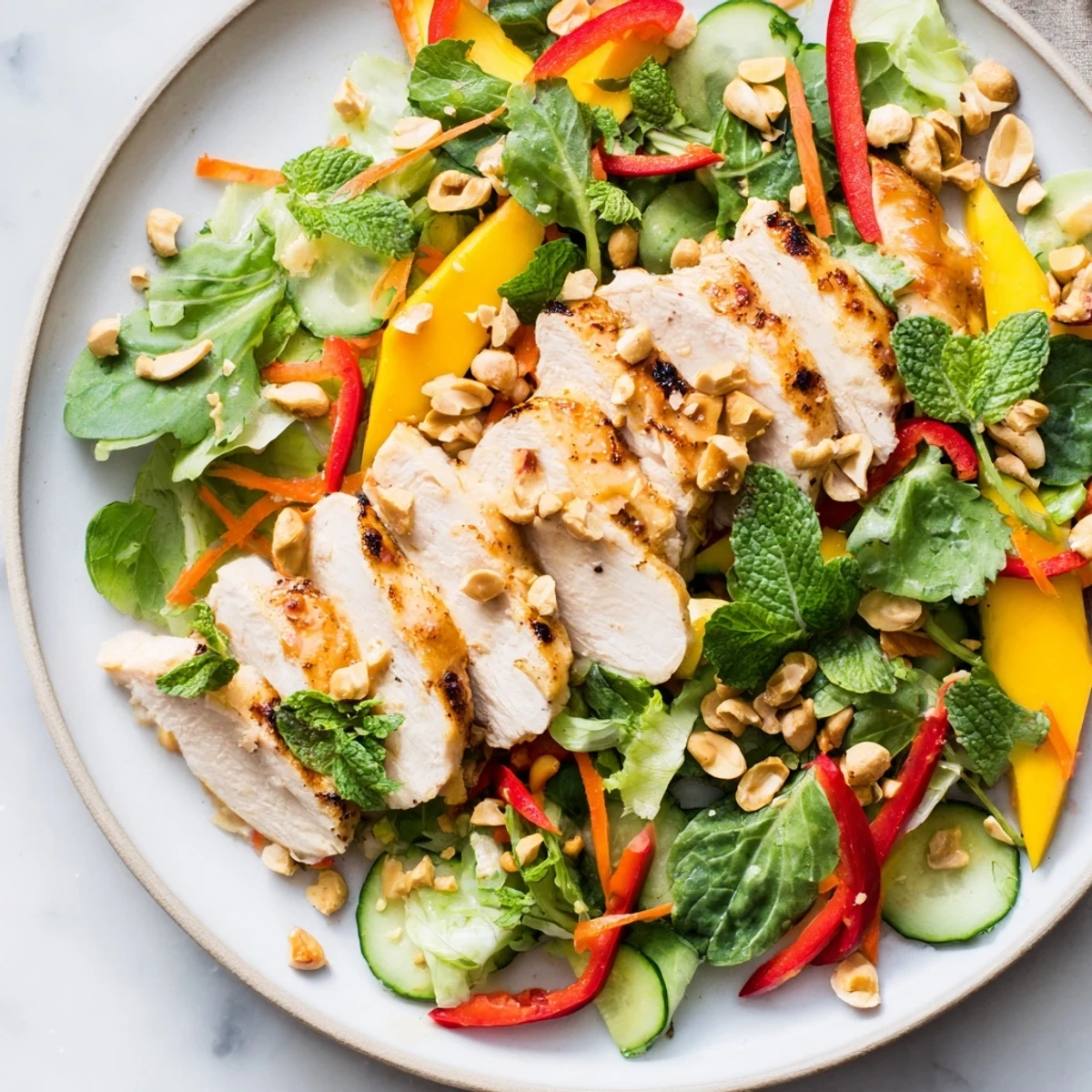 Freshly tossed Thai Mango Chicken Salad, featuring crisp vegetables and a tangy lime dressing.