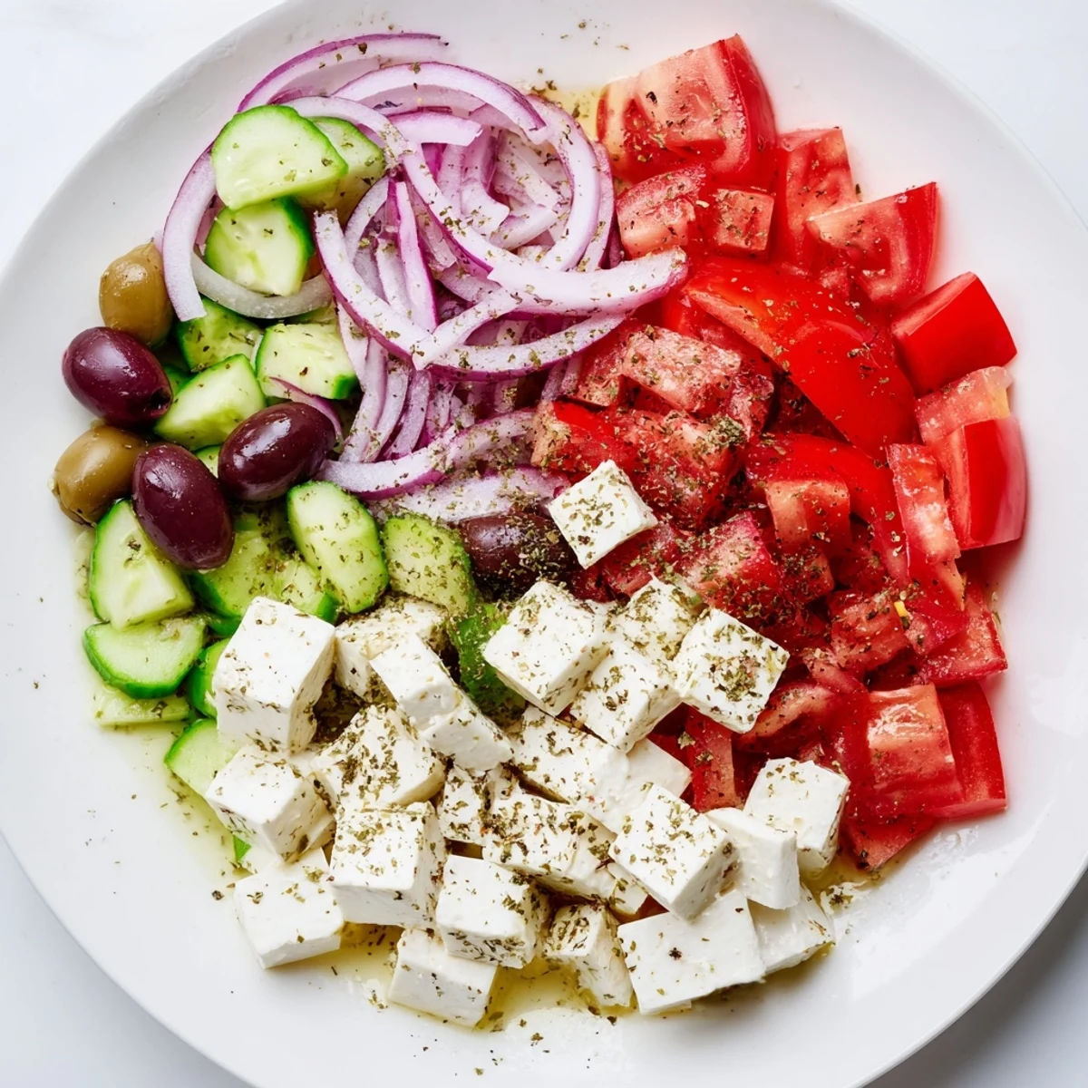 Vibrant Mediterranean salad with juicy tomatoes, olives, and feta, drizzled with olive oil dressing.