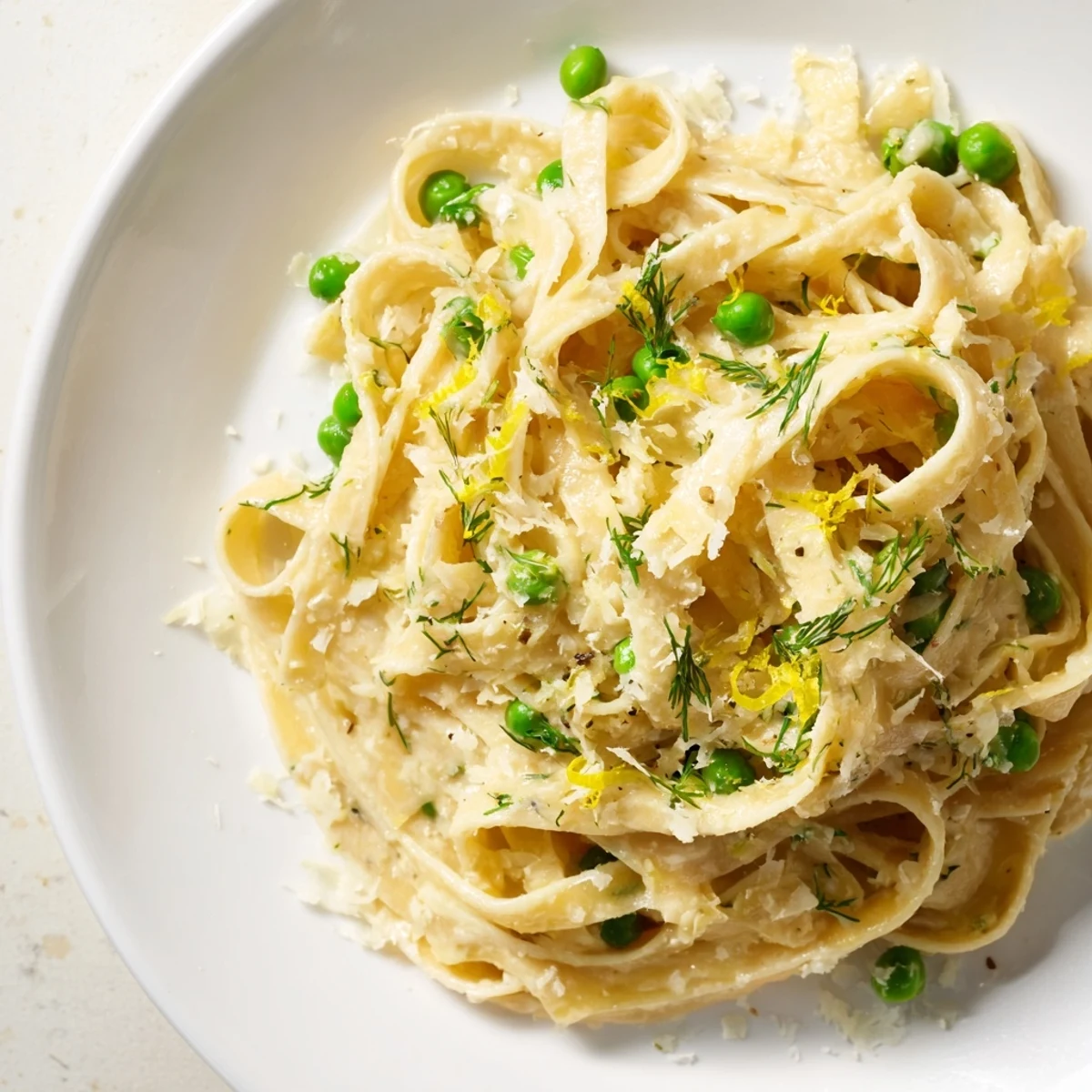 Delicious Creamy Dill Pasta ready to serve, a flavorful vegetarian main course with lemon and herbs.