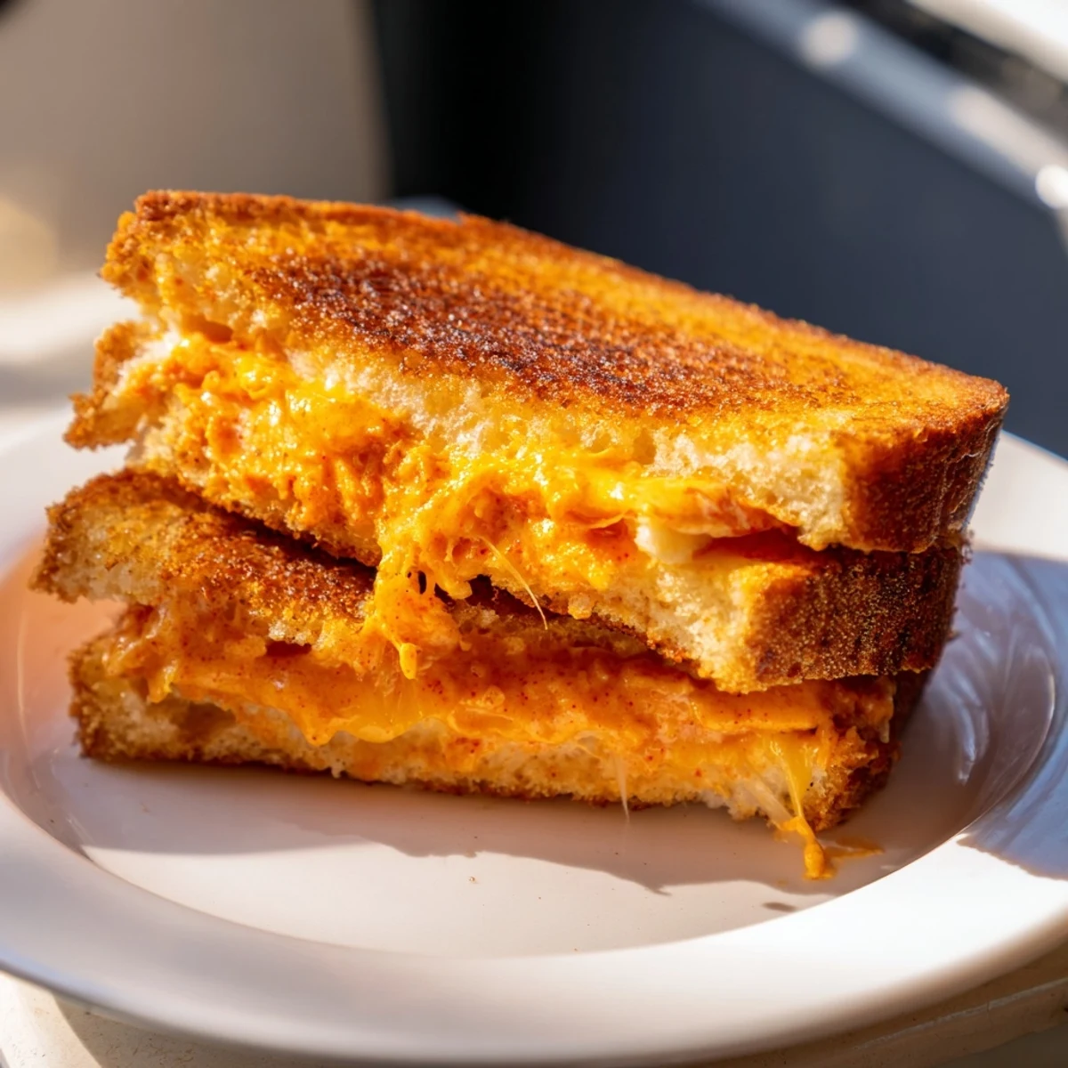 Golden brown Spiked Grilled Cheese with bubbly melted cheddar and spicy sriracha mayo oozing from the crust.