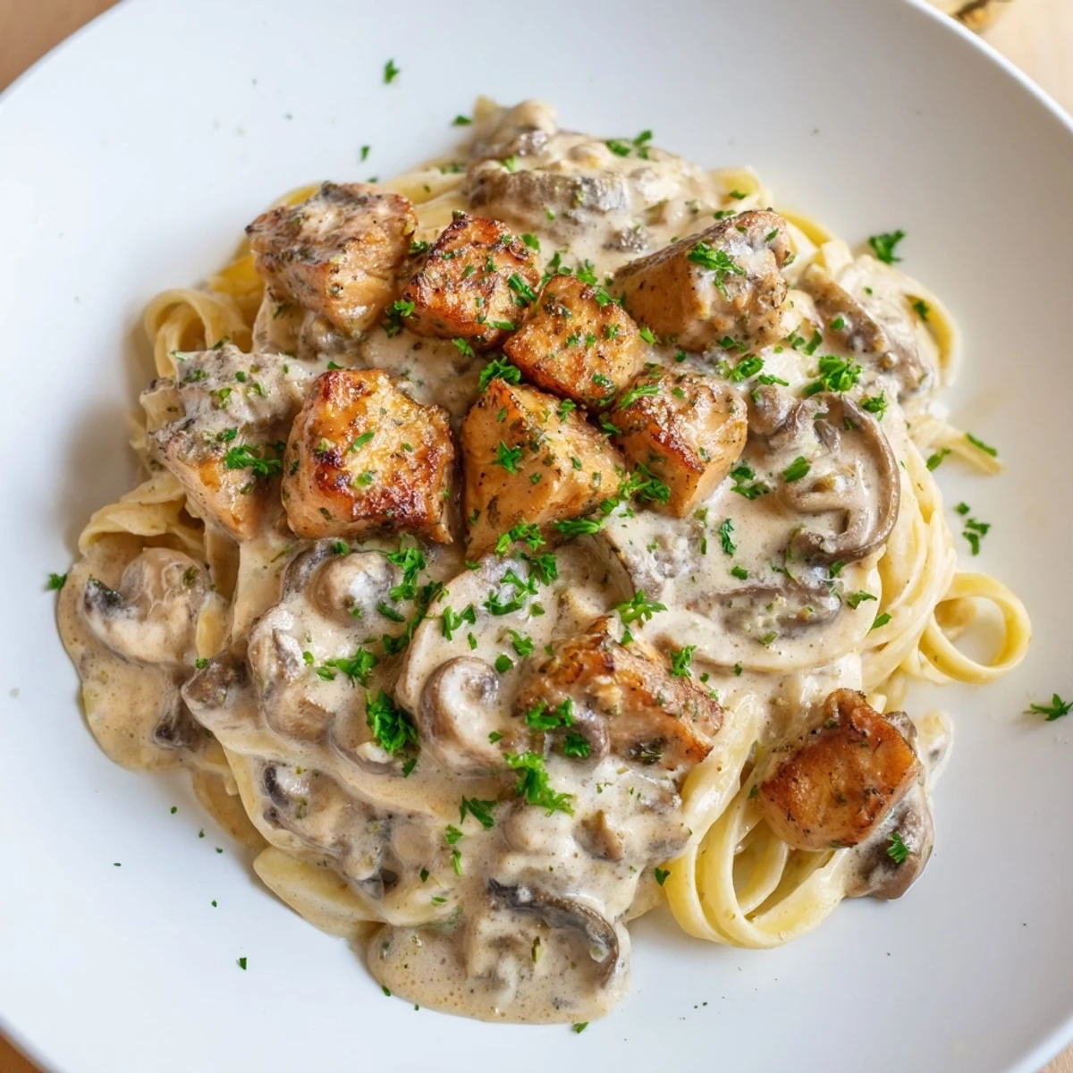 Steaming Creamy Mushroom Chicken Pasta, with parsley garnish, offers a comforting, hearty Italian-American experience.