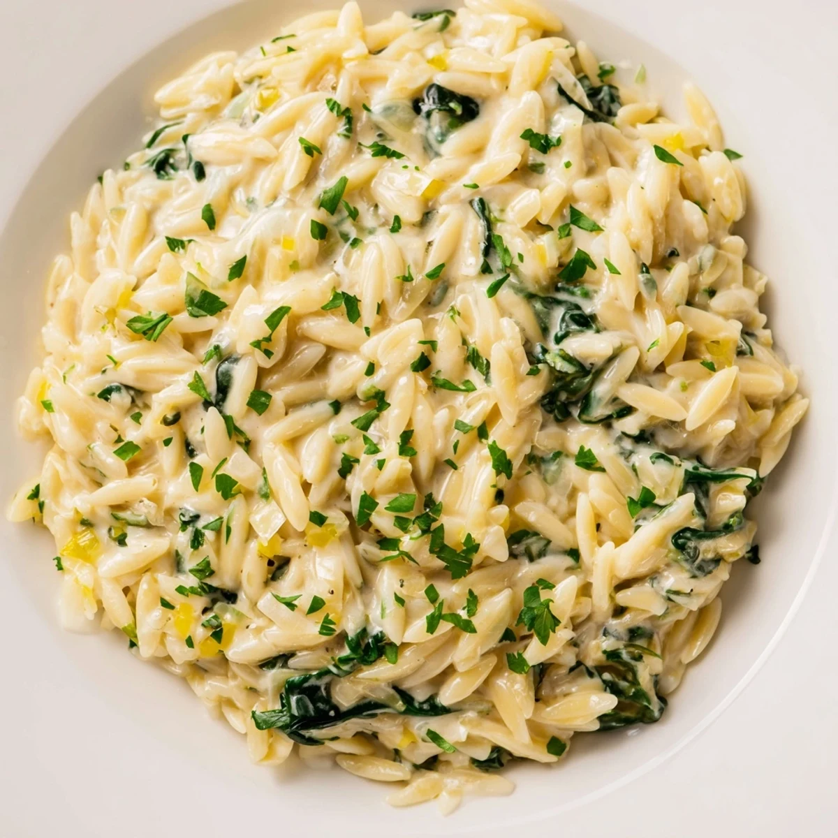 Steaming bowl of One-Pot Creamy Orzo, garnished with parsley, ready to be enjoyed with family.