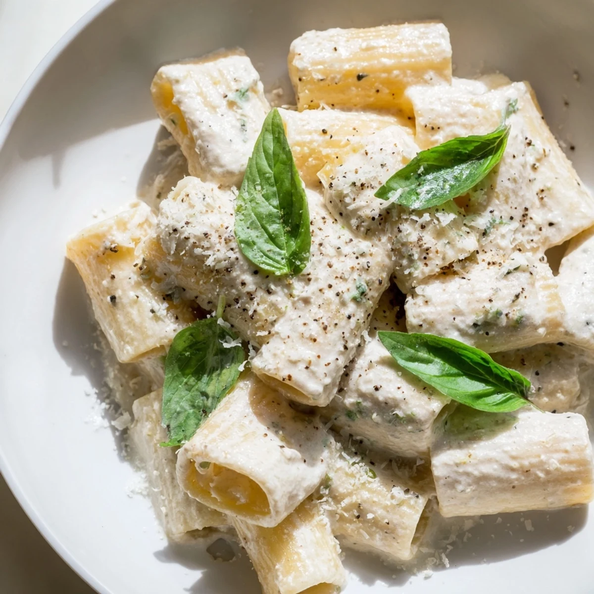 Creamy Cottage Cheese Pasta, a comforting bowl of pasta coated in a smooth, white sauce, ready to serve.