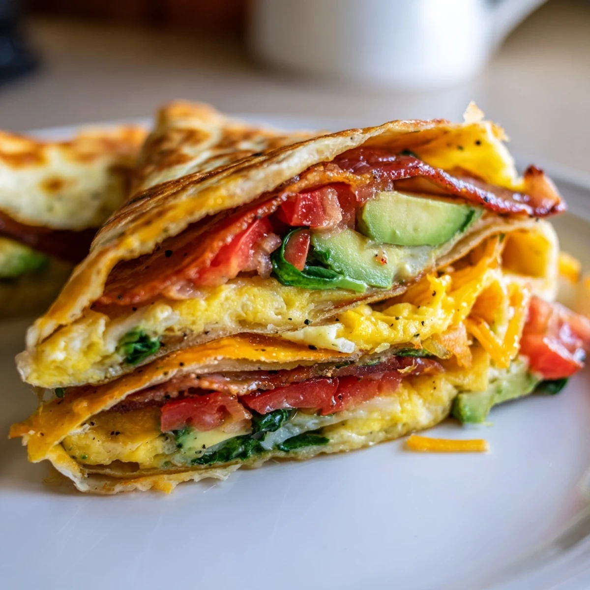 Golden and crispy breakfast wrap, featuring a delicious combination of eggs, bacon, and cheese.