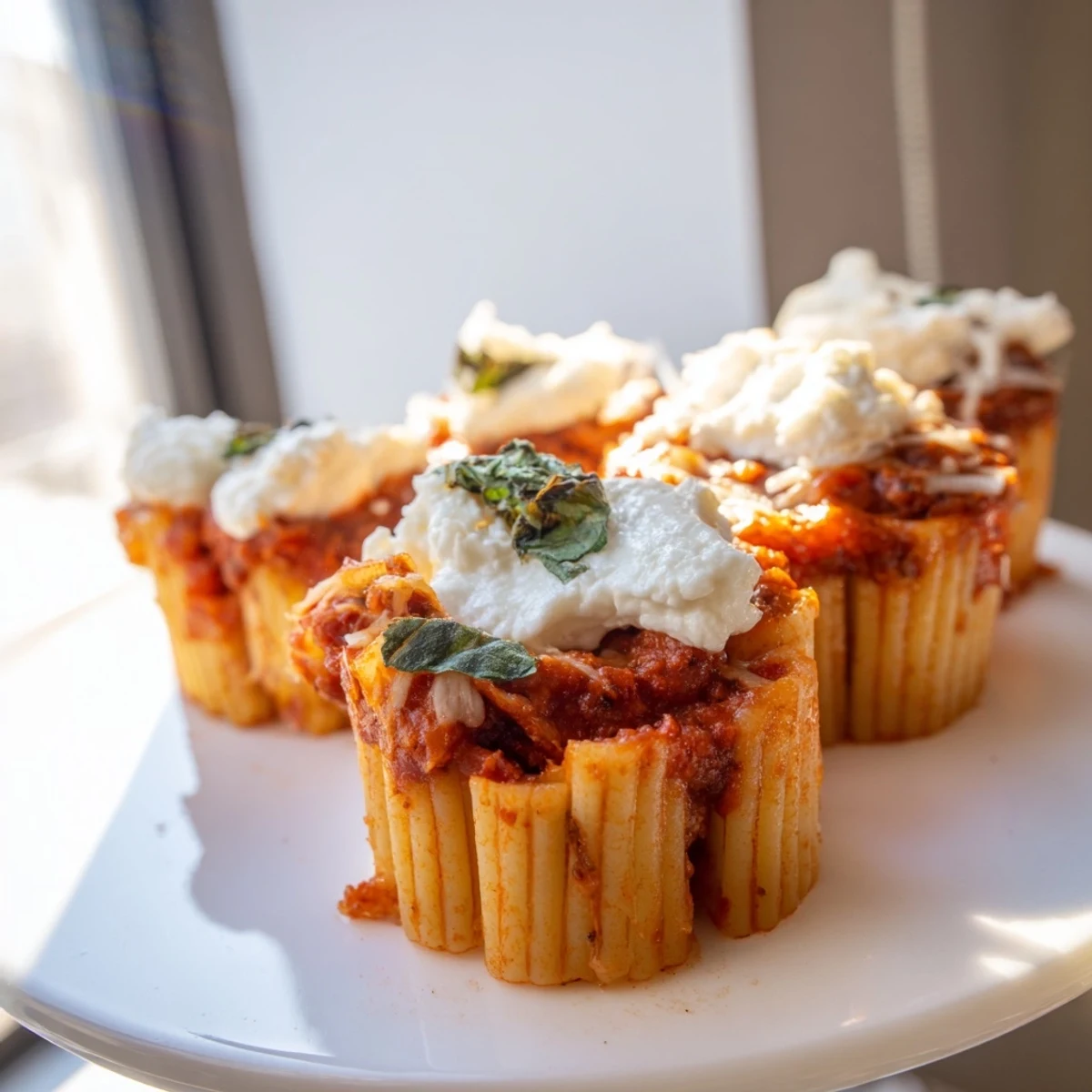 Golden-brown baked ziti cups overflowing with melted mozzarella cheese and rich tomato sauce; a comforting meal.