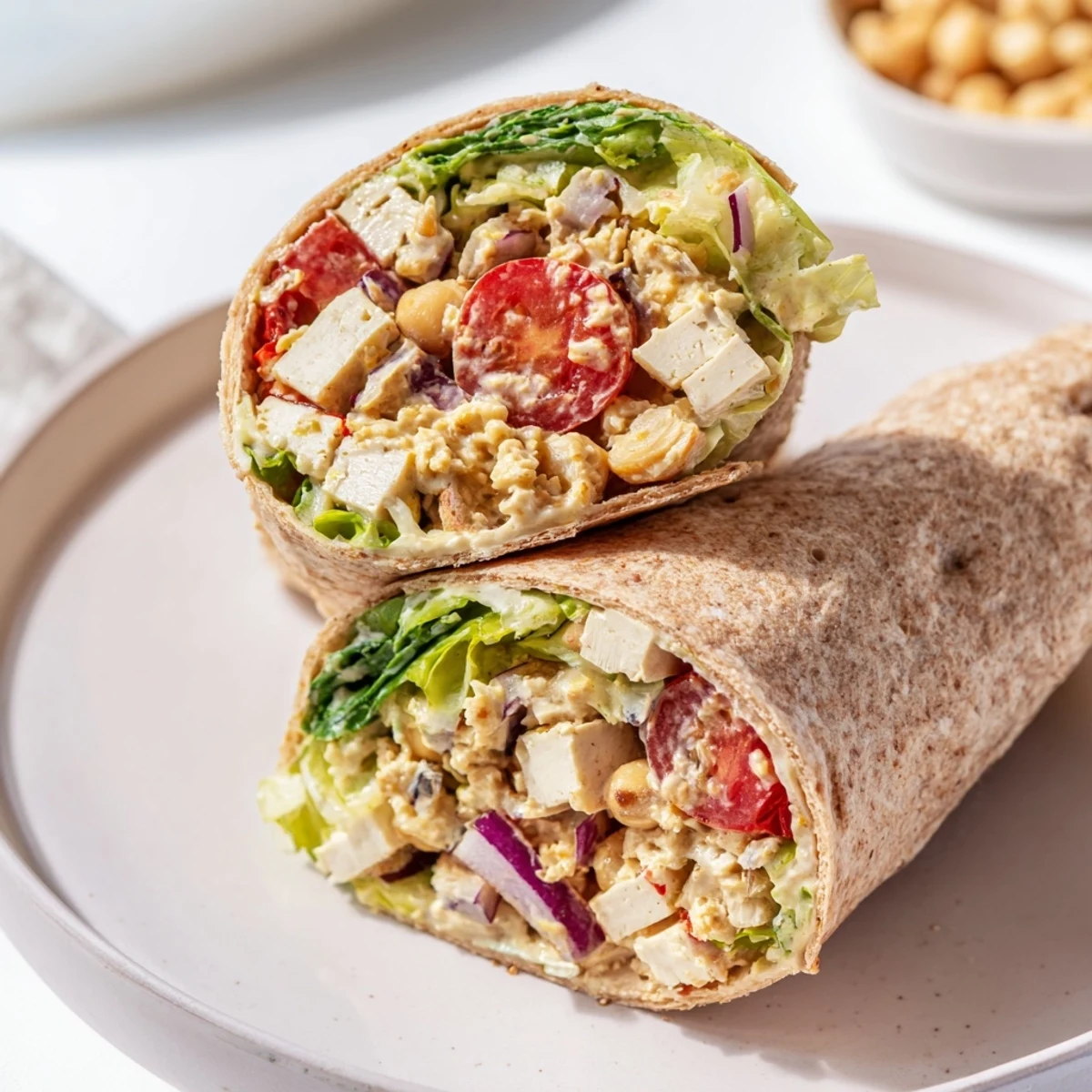 High-Protein Chicken-less Caesar Wrap sliced open, revealing a creamy, flavorful filling of chickpeas and tofu.