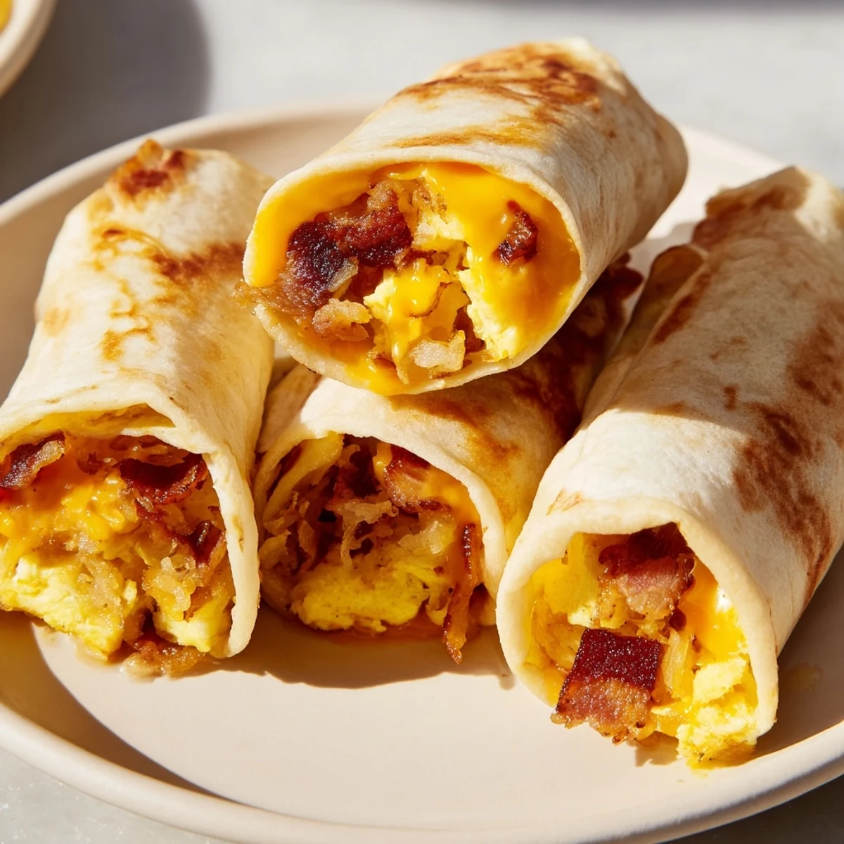 Golden-brown B.E.C. breakfast bites, bursting with cheesy eggs and bacon, ready to grab and enjoy.