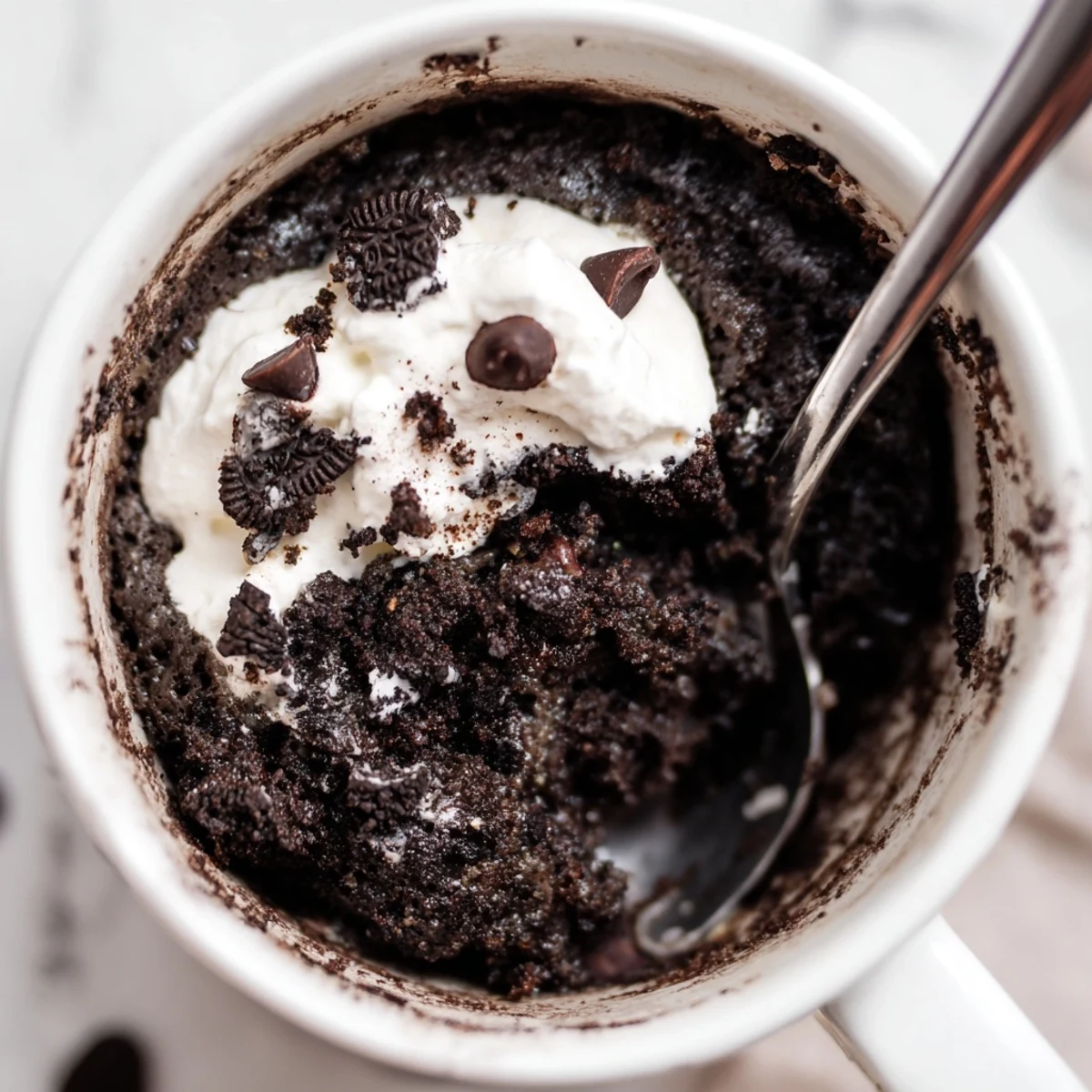 A warm, just-baked Oreo mug cake, a quick chocolate dessert with visible cookie crumbs.