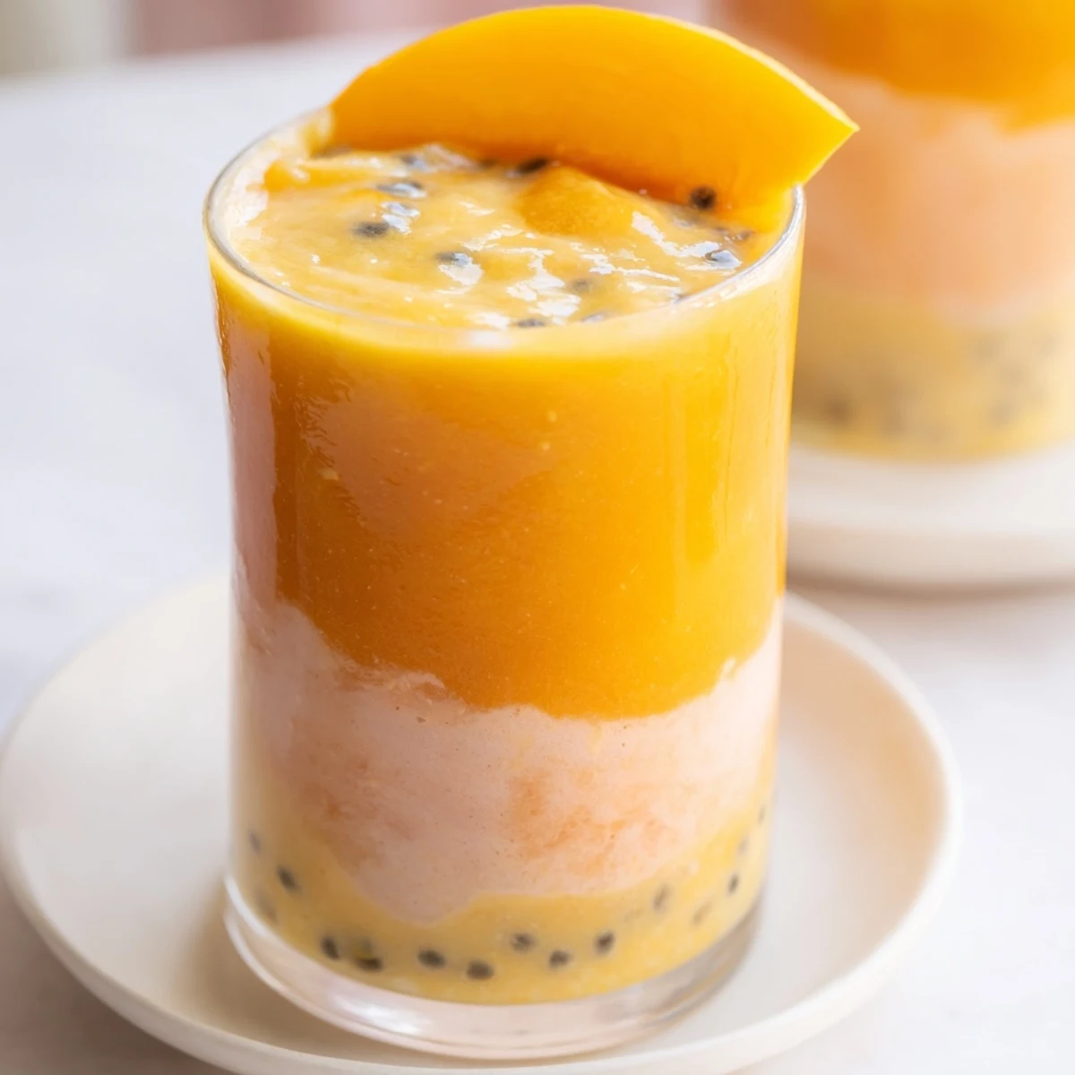 A creamy, layered Tropical Sunset Smoothie, perfect for summer mornings with beautiful ombré hues.