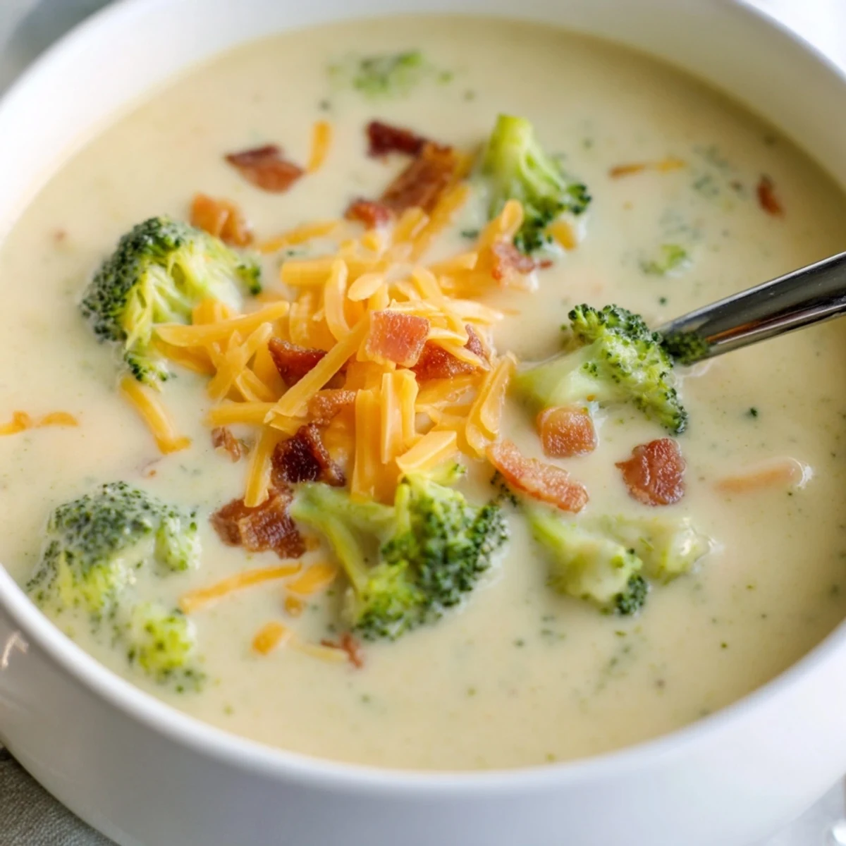 Creamy Broccoli Cheddar Soup, garnished with crispy bacon, ready to be savored with toasted bread.