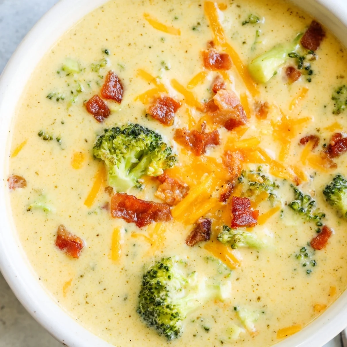 Thick, yellow Broccoli Cheddar Soup with melted cheese and fresh, vibrant green broccoli florets.