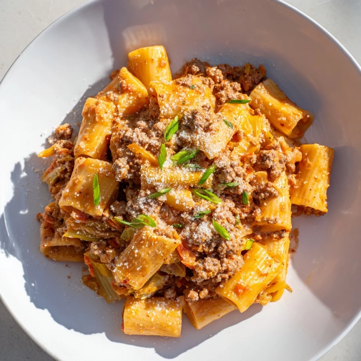 Chaos Cooking Kimchi Ragu Pasta, a vibrant plate of pasta coated in creamy, spicy, savory sauce.