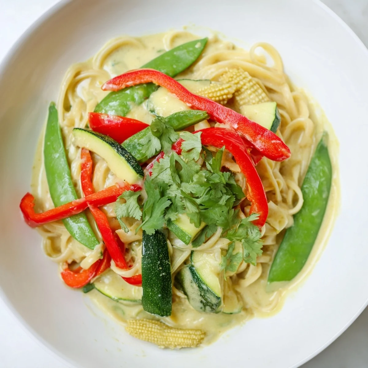 Steaming Thai Curry Pasta with colorful vegetables, perfect for a flavorful vegetarian dinner.