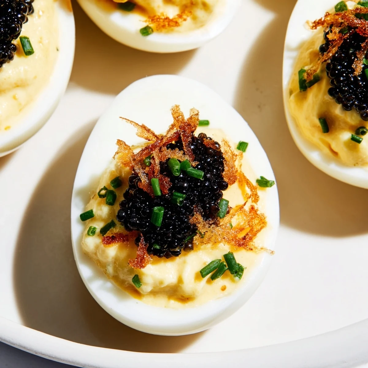 Luscious deviled eggs showcase creamy filling under beautiful caviar and golden crispy shallots, ready to serve.