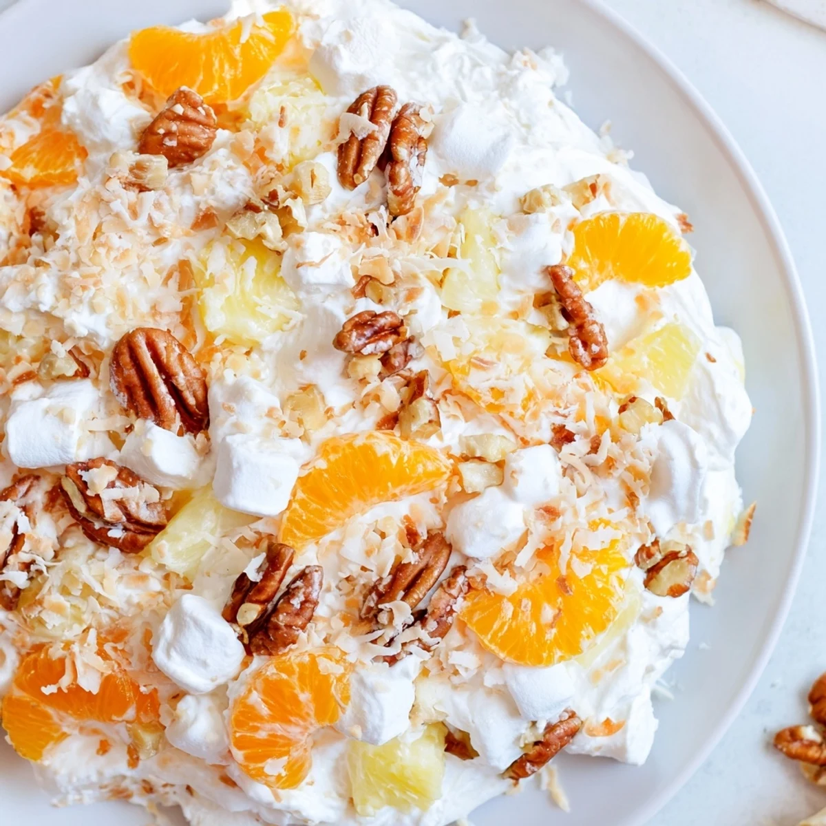 A bowl of cold, creamy Elevated Ambrosia Salad, dotted with bright mandarin orange segments.