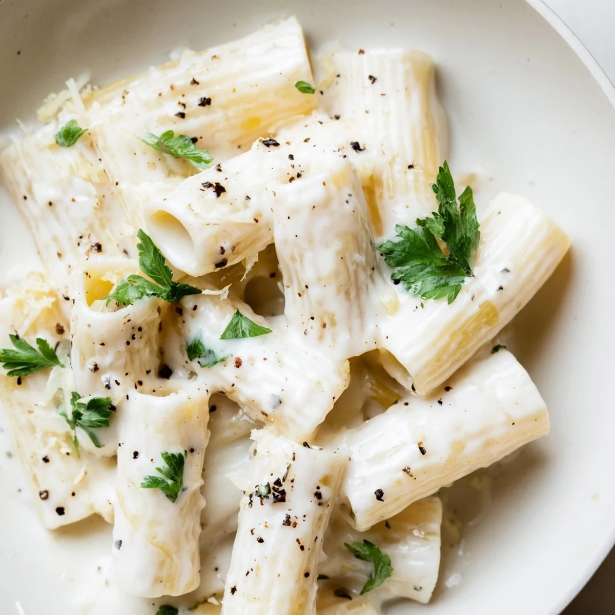 Close-up of Creamy Milk Pasta One-Pot, highlighting silky, white sauce coating penne pasta in a creamy, comforting Italian-inspired main dish.