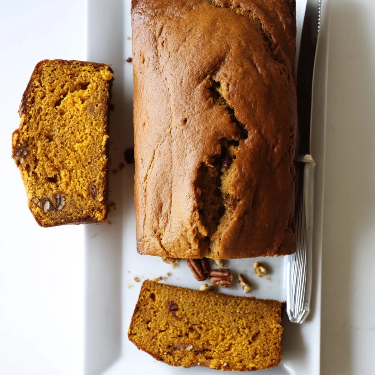 Freshly baked Pumpkin Bread Loaf, sliced to reveal a moist, tender crumb studded with chopped pecans and chocolate chips.