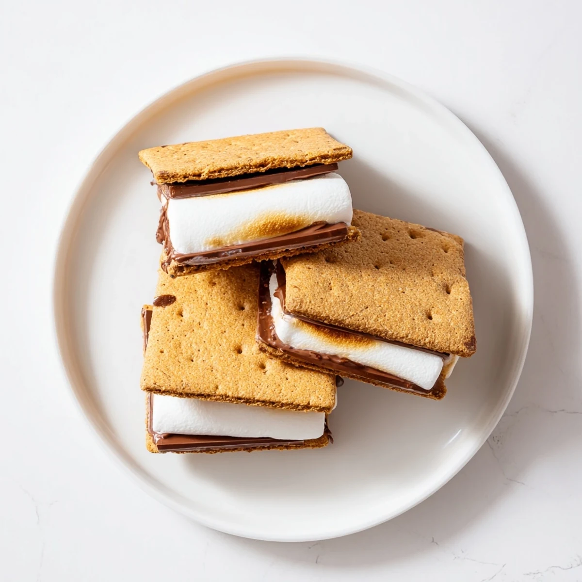 Air fryer s'mores with golden, puffed marshmallows and melted chocolate between crisp graham crackers.