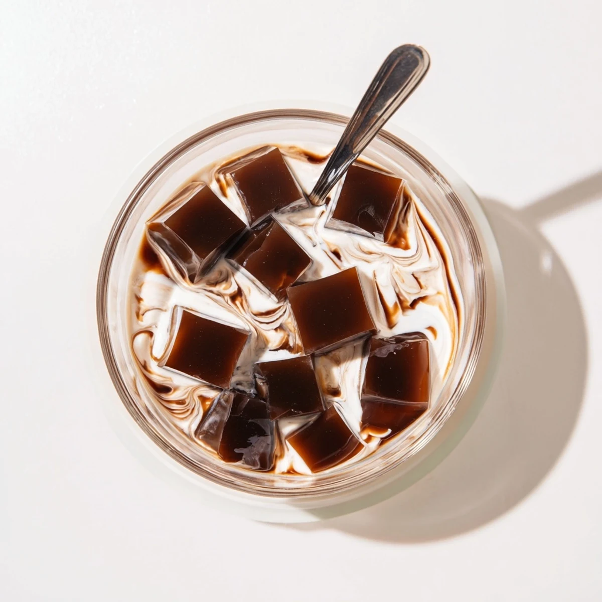 For an easy Japanese-inspired dessert, Coffee Jelly Dessert features rich coffee gelatin cubes paired with smooth vanilla cream in small serving glasses.