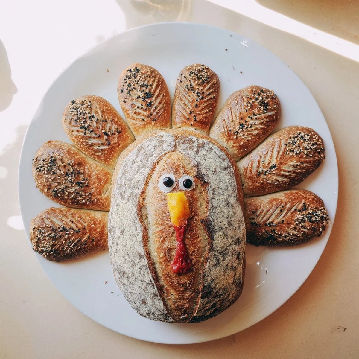 Crisp, artisan turkey-shaped sourdough bread with rustic scoring, shown on a wooden board, perfect for Thanksgiving gatherings.