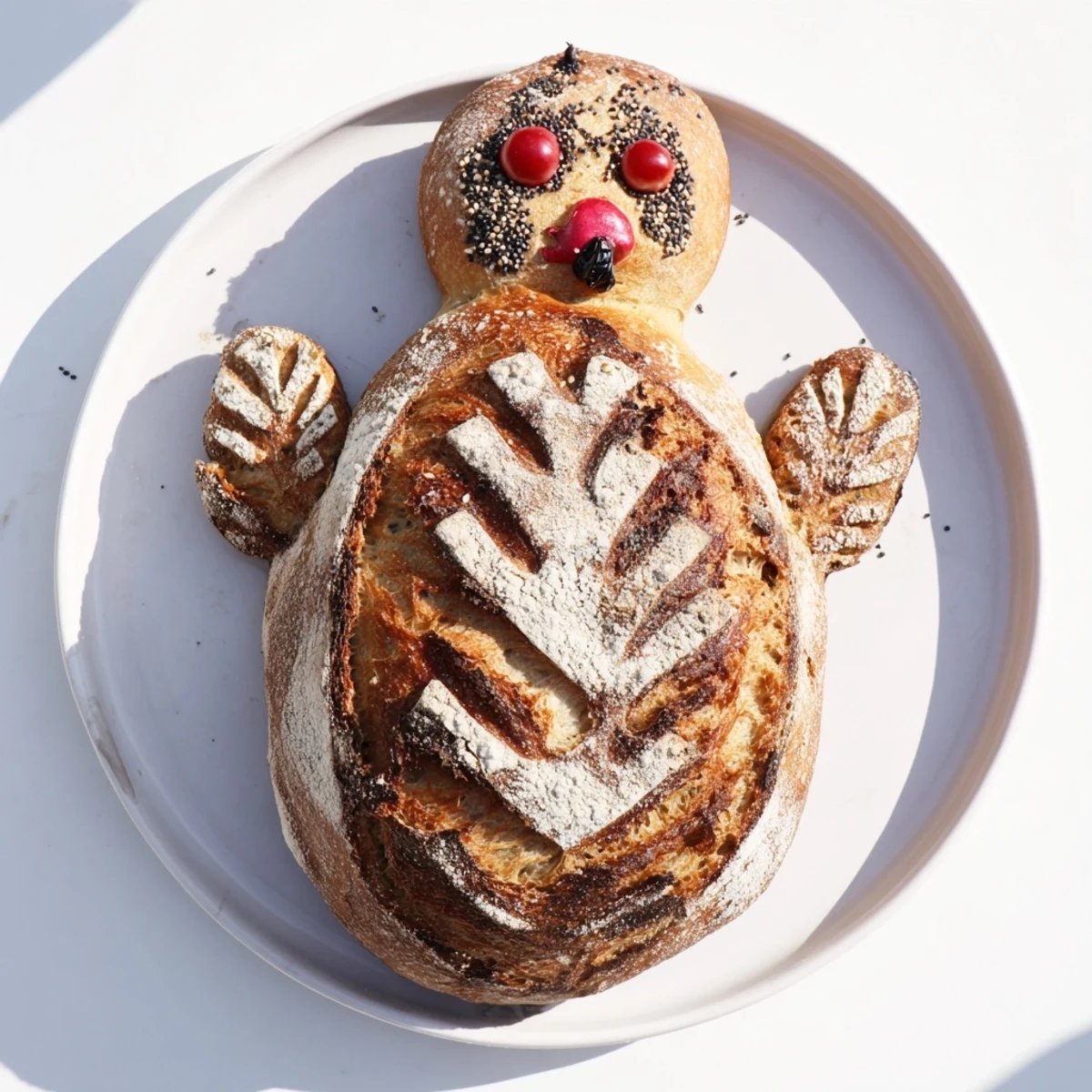 Golden brown turkey-shaped sourdough bread with an inviting crumb, ideal for slicing and serving with butter at holiday meals.