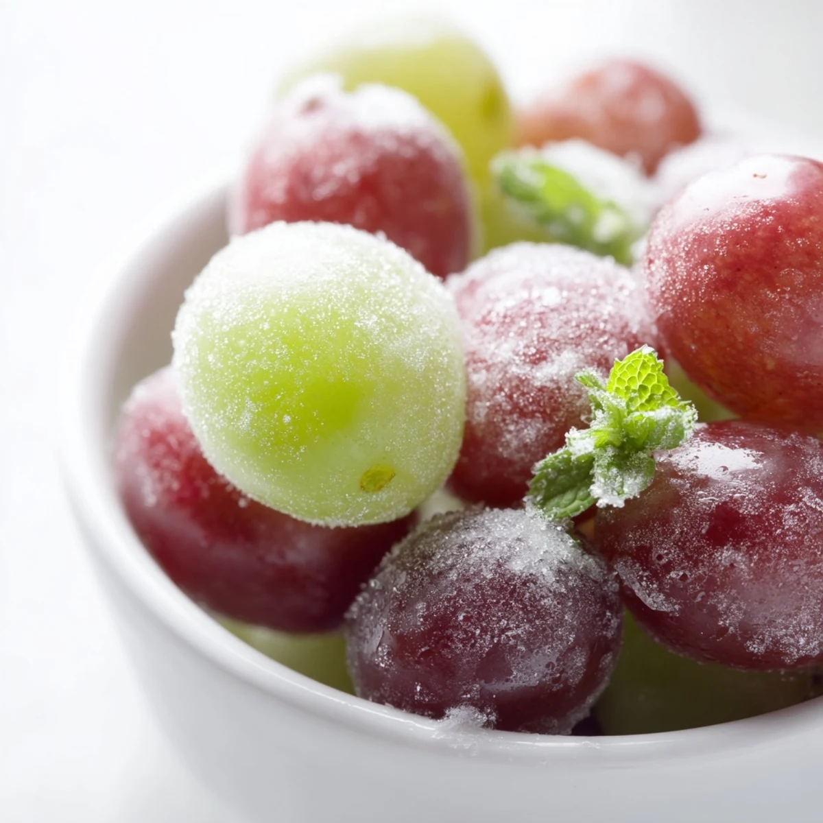 Bright, frosty frozen grapes are artfully piled in a white bowl with a sprig of mint, ideal for a healthy, cooling treat.