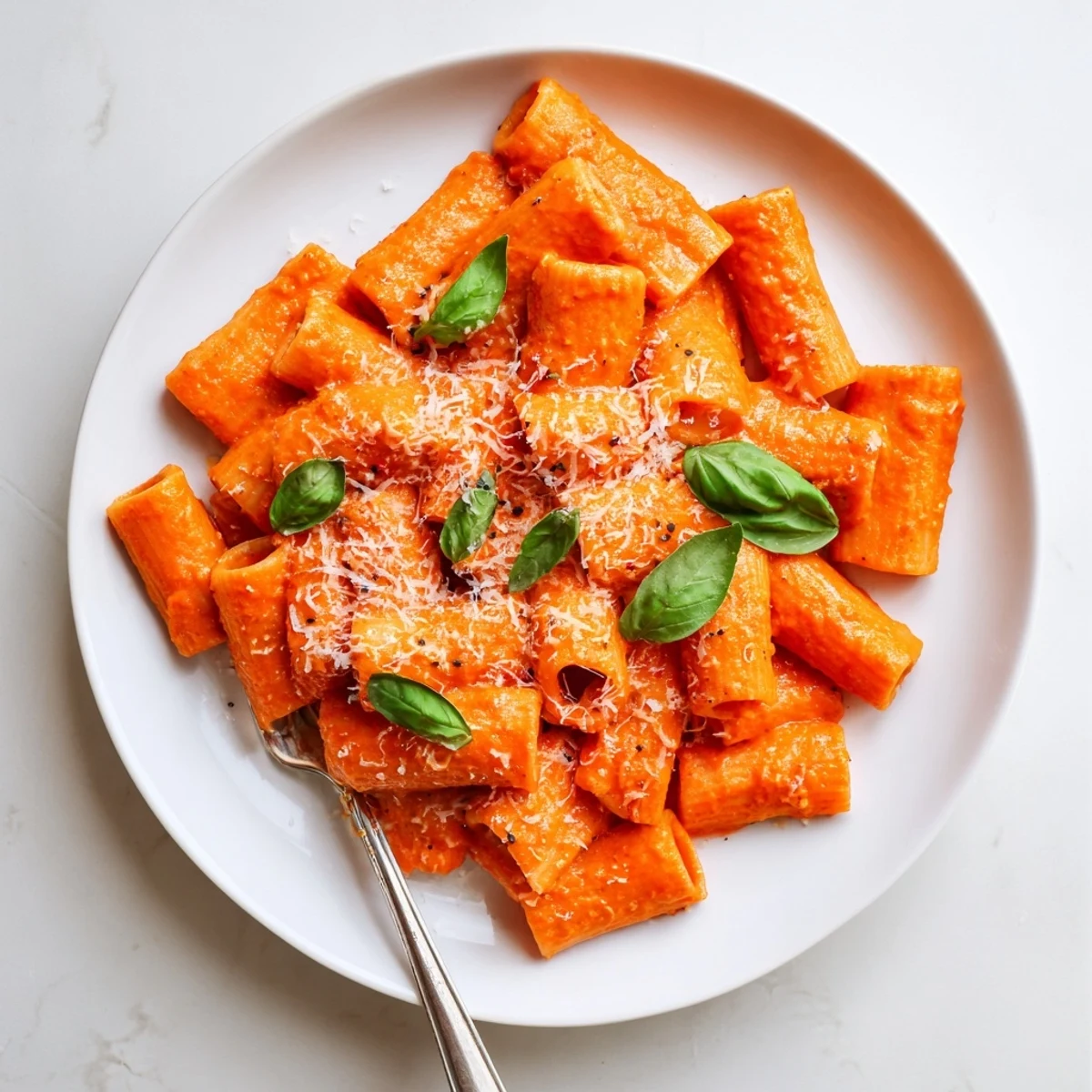 Poured from a wooden spoon, the creamy Hidden Veggie Tomato Pasta Sauce drizzles over spaghetti in a white bowl.