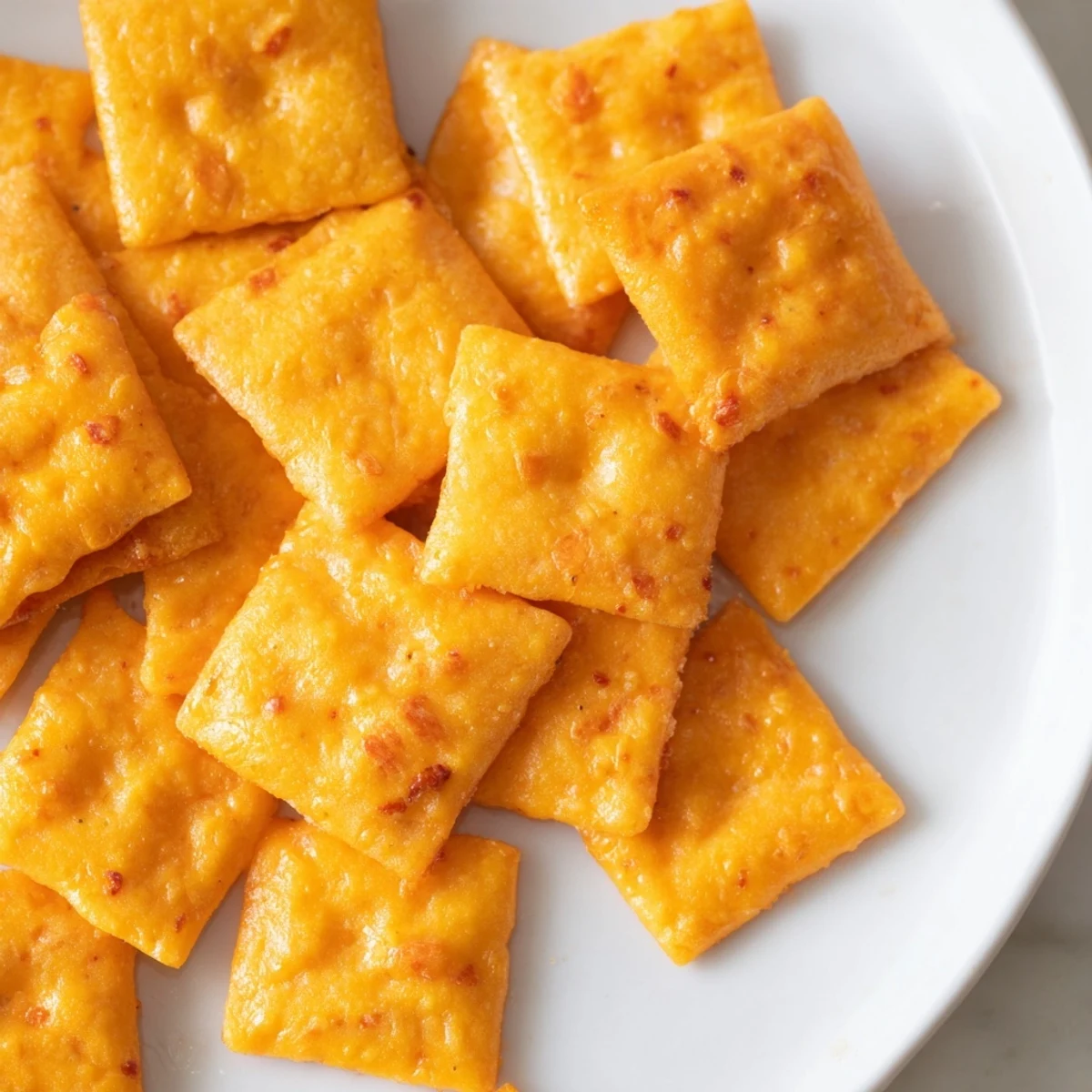 Golden-brown Crispy Cheeto Cheese Crackers cool on a wire rack, showcasing their crunchy texture and bright orange hue.