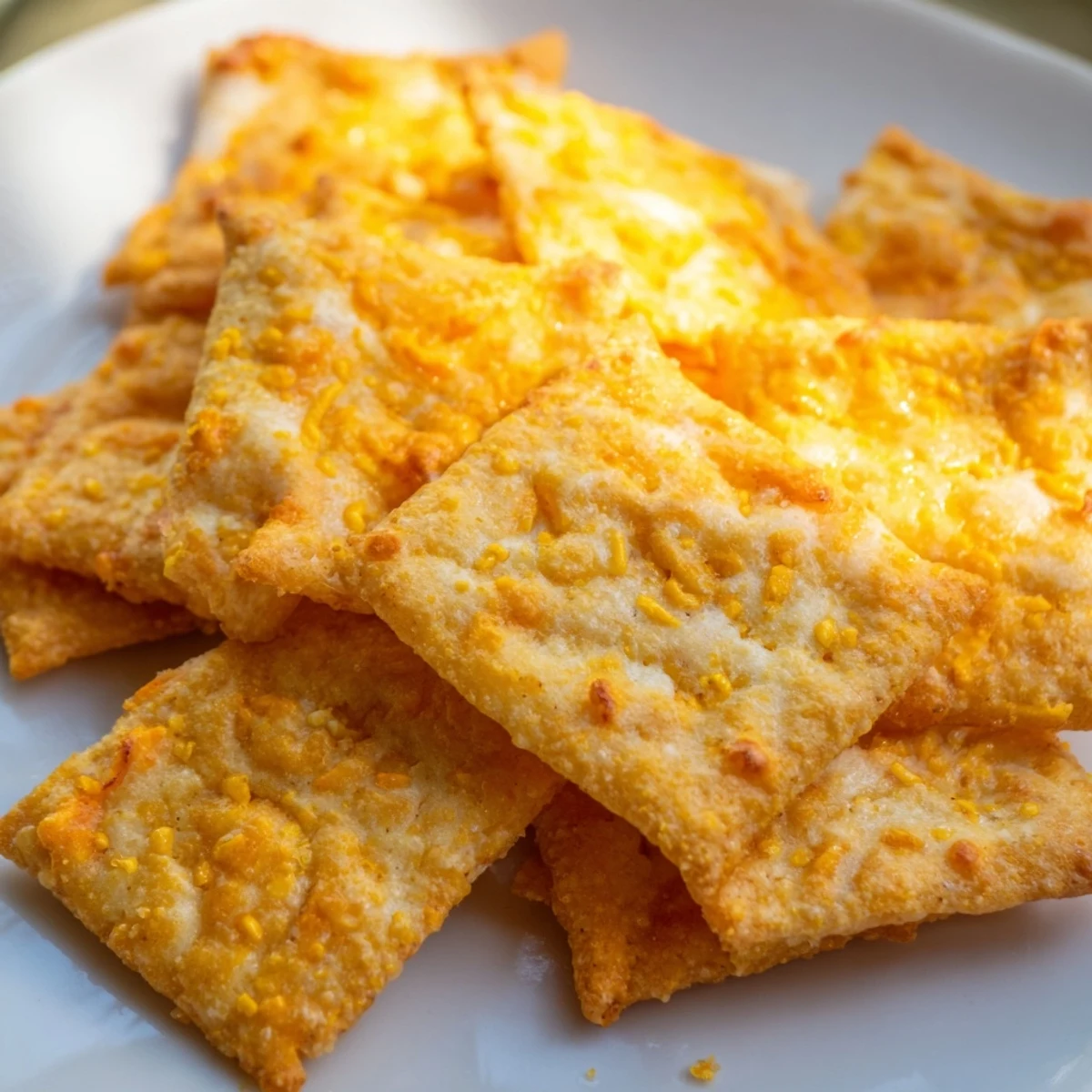 Freshly baked Crispy Cheeto Cheese Crackers cut into squares with a knife, highlighting the cheesy, bold seasoning.