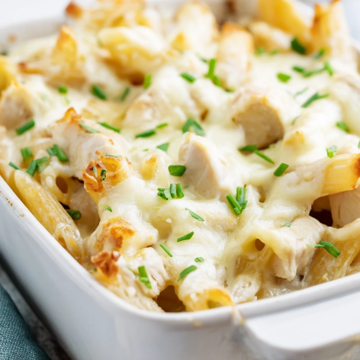 Golden baked Chicken Ranch Pasta Bake in a ceramic dish, topped with melted mozzarella and fresh green chives.  