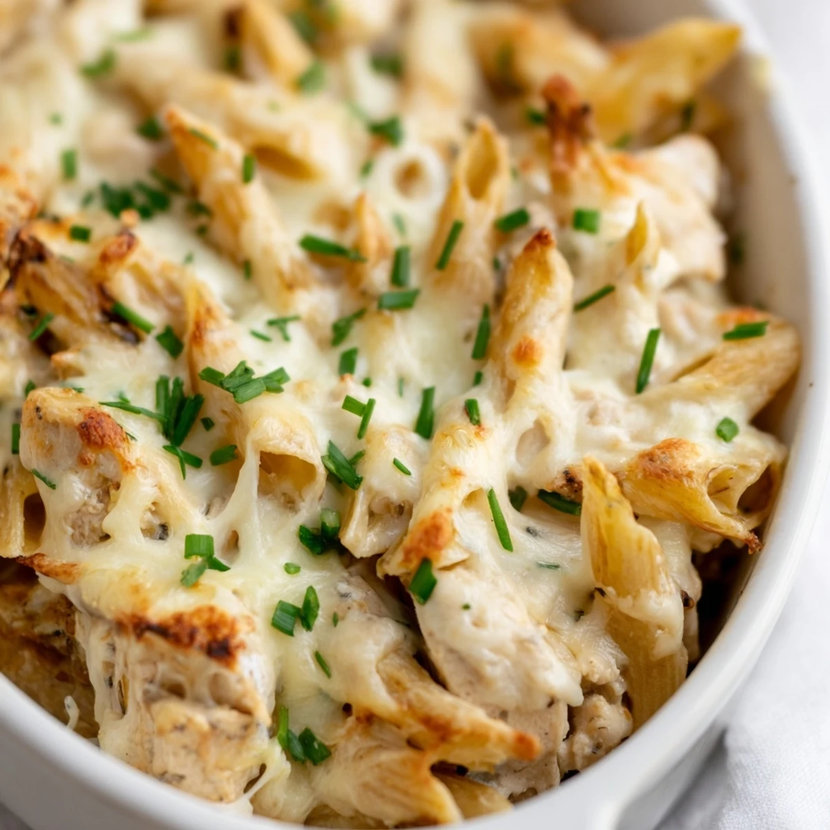 Serving suggestion for Chicken Ranch Pasta Bake: a hearty scoop with a side salad for a comforting family dinner.