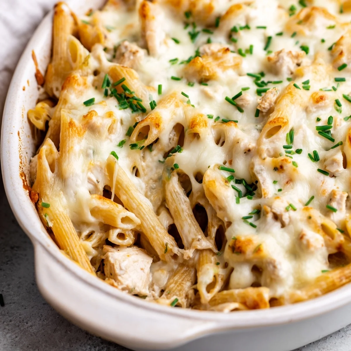 A bubbling Chicken Ranch Pasta Bake emerges from the oven, with golden-brown cheese on creamy penne and chicken.  